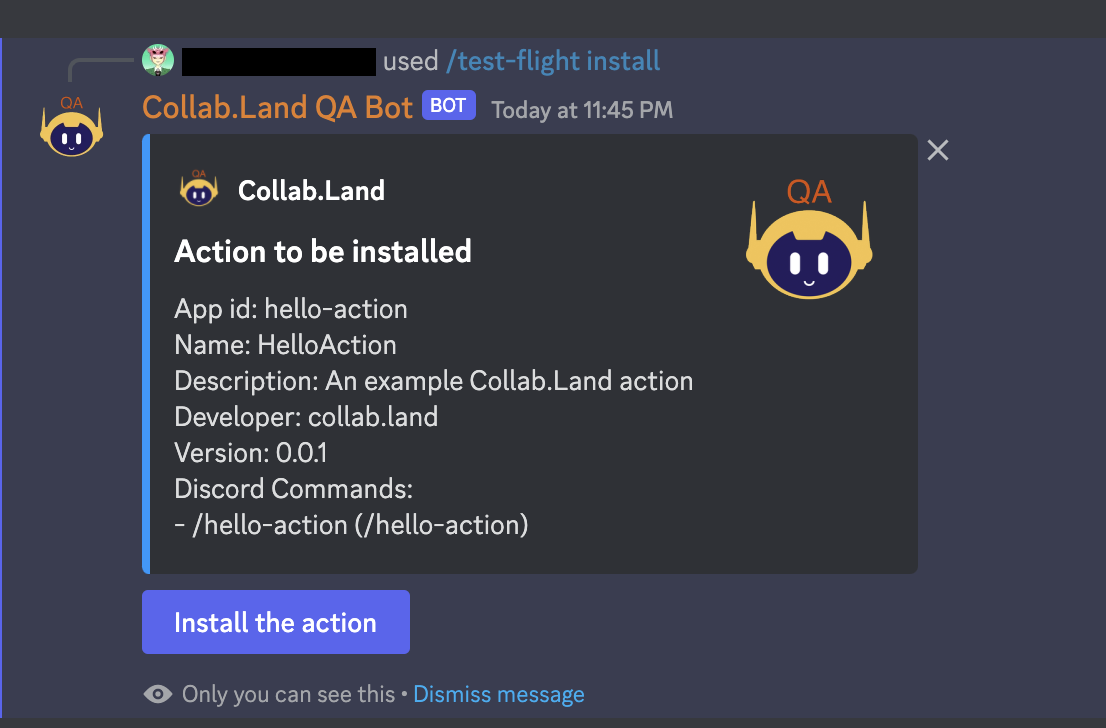 Installed hello-action mini app