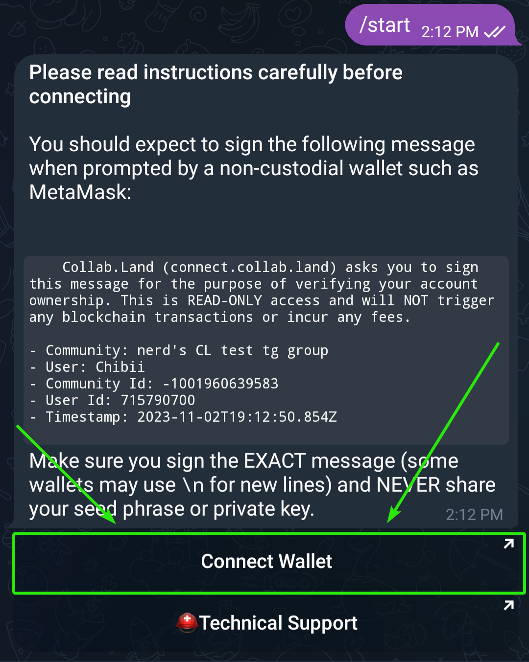 Connect wallet using `@collablandbot`